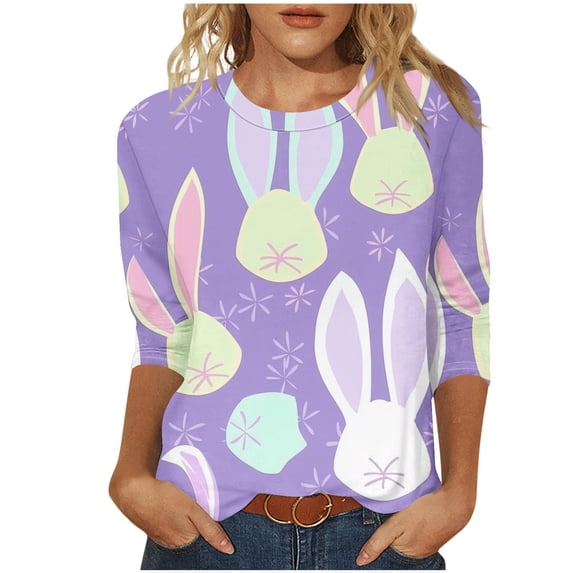 Moxiu Womens Easter Blouse Easter Tops 2025 Cute Rabbit Bunny Tunic Blouse Funny Graphic Tees 3/4 Length Sleeve Tops Purple,S