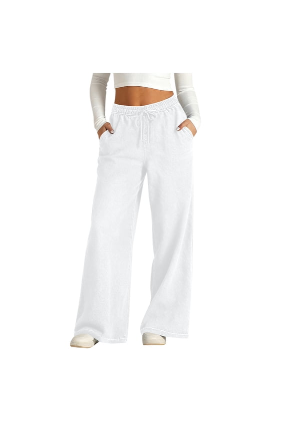 Womens Elastic Waist Wide Leg Jeans High Waisted Denim-Like Pants with Pockets Stretchy White,M