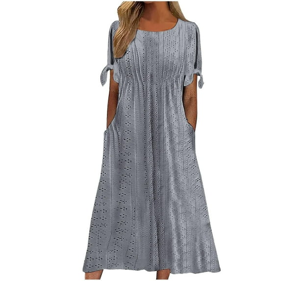 Moxiu Womens Eyelet Casual Summer Dress Crewneck Boho Embroidery Maxi Dresses Pleated Long Dress Vacation Dresses 2025 Gray,S