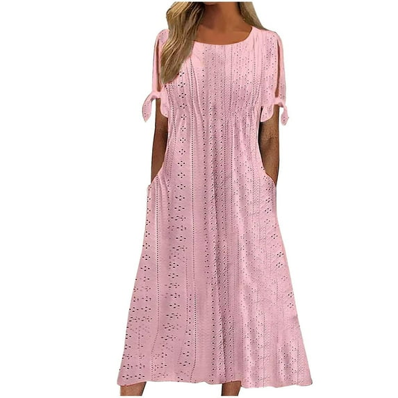 Moxiu Womens Eyelet Casual Summer Dress Crewneck Boho Embroidery Maxi Dresses Pleated Long Dress Vacation Dresses 2025 Pink,L