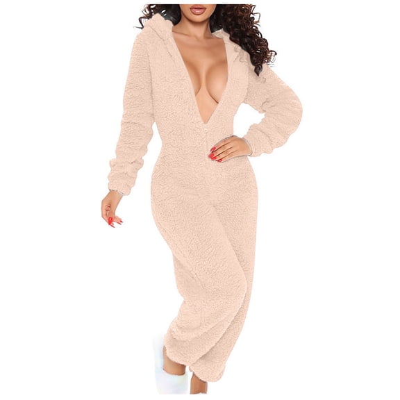 Moxiu Womens Flannel Adult Onesie Pajamas Cute Ear Hooded Long Sleeve Zipper Front Rompers Functional But Flap Jumpsuit Winter Pink,XL