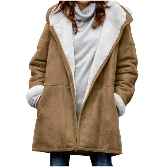 Moxiu Womens Fleece Jackets Plus Size Winter Coats for Women 2024 Warm Sherpa Lined Jacket Hooded Parka Faux Suede Pea Coat Outerwear Khaki,M