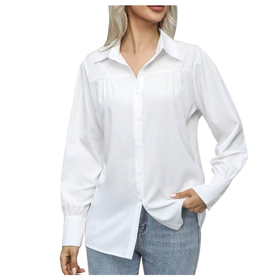 Moxiu Womens Formal Blouse Button Down Shirts Long Sleeve Dress Shirts Wrinkle Free Collared Business Work Office Tops White,M