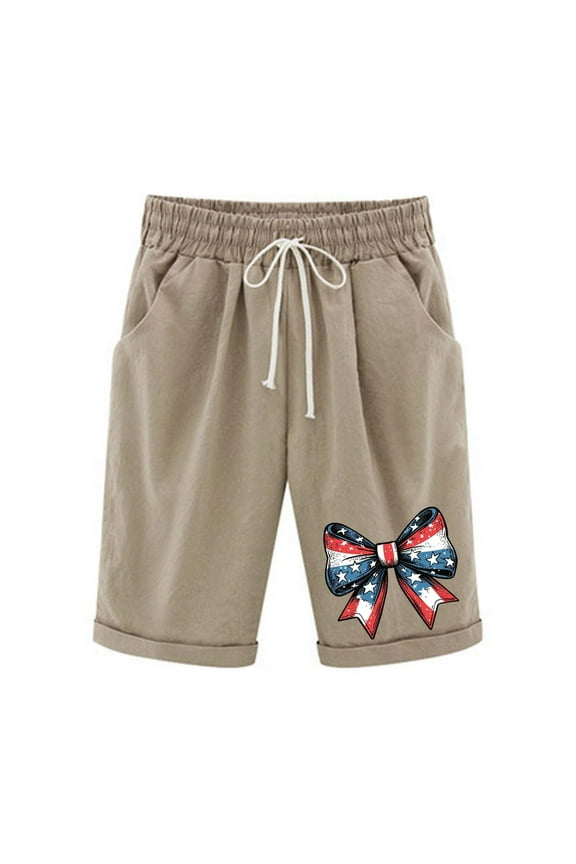 Womens Fourth of July Shorts Drawstring High Waisted Knee Length Bermuda Shorts Independence Day Print Patriotic Shorts 2025 Khaki,XL