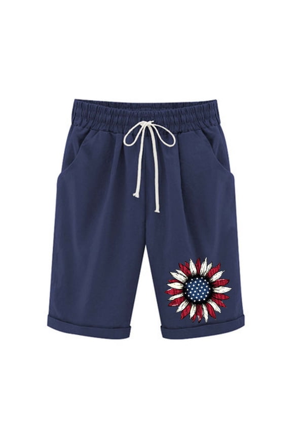 Womens Fourth of July Shorts Drawstring High Waisted Knee Length Bermuda Shorts Independence Day Print Patriotic Shorts 2025 Navy,M
