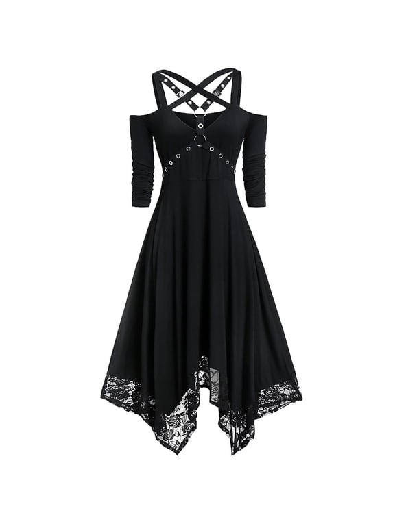 Womens Halloween Costumes for Women Gothic Black Dress,Ladies Plus Size Lace Trim Sleeve Gothic Style Dress 2025 Black,XL