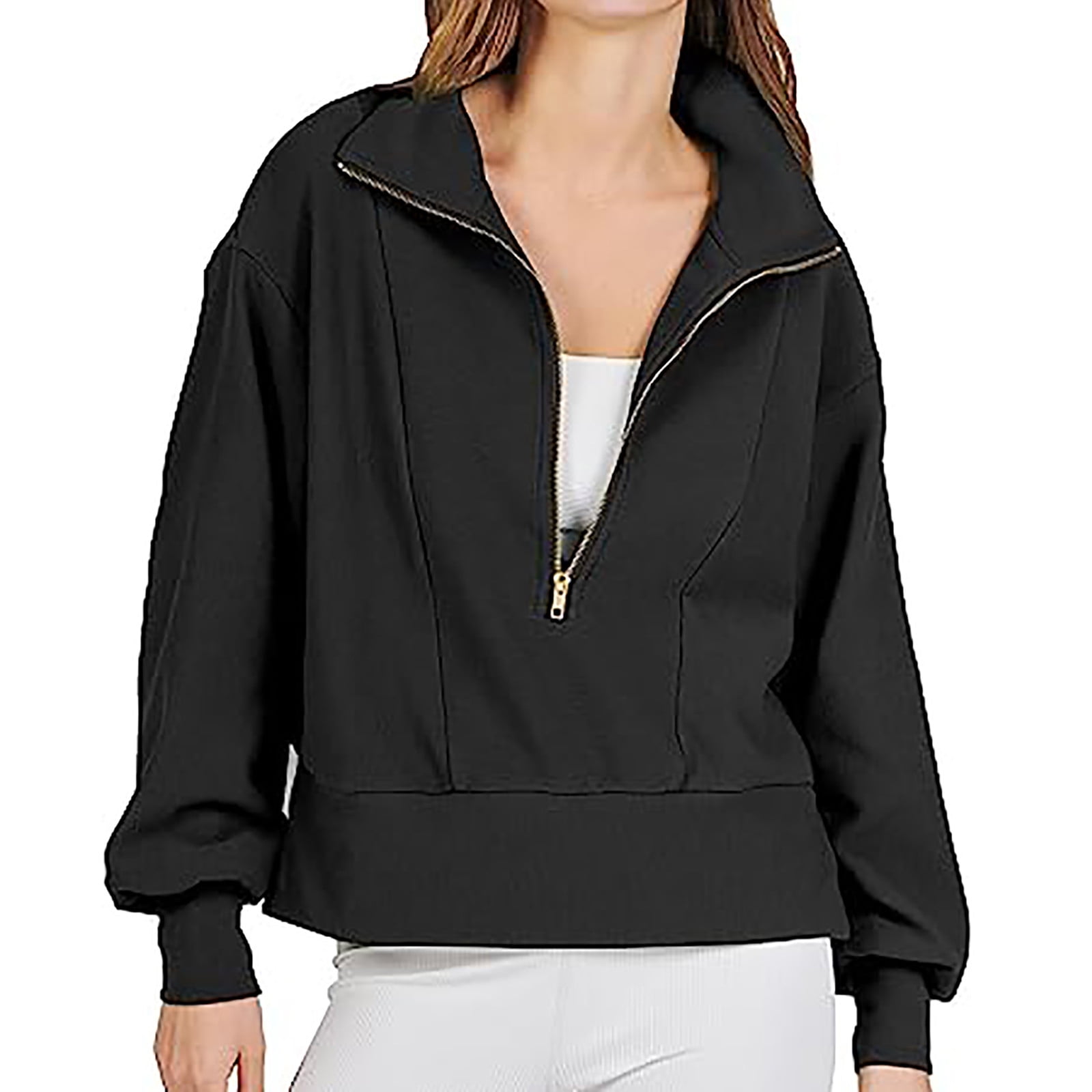 Moxiu Womens Hooded Pullover Sweatshirts Half Zipper Crop Hoodie