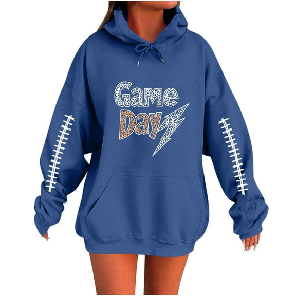 Moxiu Womens Hoodie Oversized Fleece Rugby Graphic Hoodie Y2K Pullover Sweater Game Day Hooded Sweatshirts with Pockets 2025 Blue,M