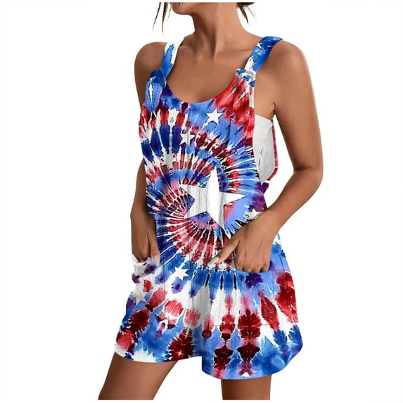 Moxiu Womens Independence Day Shorts Romper American Flag Overalls 4th of July Sleeveless Baggy Adjustable One Piece Patriotic Jumpsuit with Pockets 2025 Multicolor,XL
