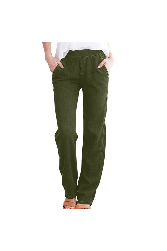 Womens Jeans Elastic High Waisted Straight Leg Pull On Baggy Stretchy Denim-Like Pants with Pockets Army Green,XL