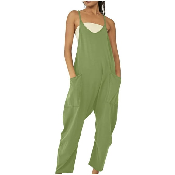 Moxiu Womens Jumpsuit 2025 Summer Casual Loose Rompers V Neck Sleeveless Spaghetti Strap Solid Color Baggy Long Pants Overalls Jumpers with Pocket Green,M