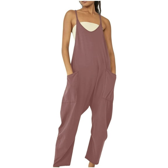 Moxiu Womens Jumpsuit 2025 Summer Casual Loose Rompers V Neck Sleeveless Spaghetti Strap Solid Color Baggy Long Pants Overalls Jumpers with Pocket Pink,XL