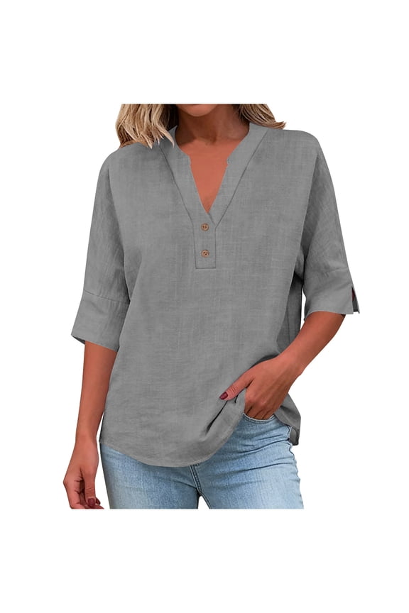 Womens Linen Shirts Casual Split Half Sleeve V Neck Button Shirts Summer Tunic Tops Loose Fit Going Out Blouses Gray,M
