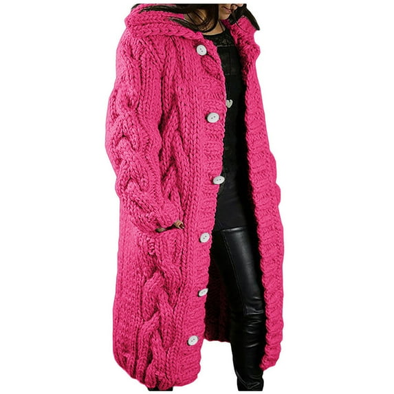 Moxiu Womens Long Cardigan Open Front Duster Sweater Long Sleeve Chunky Cable Knit Plus Size Hooded Coatigan for Women 2025 Hot Pink XXXXXL
