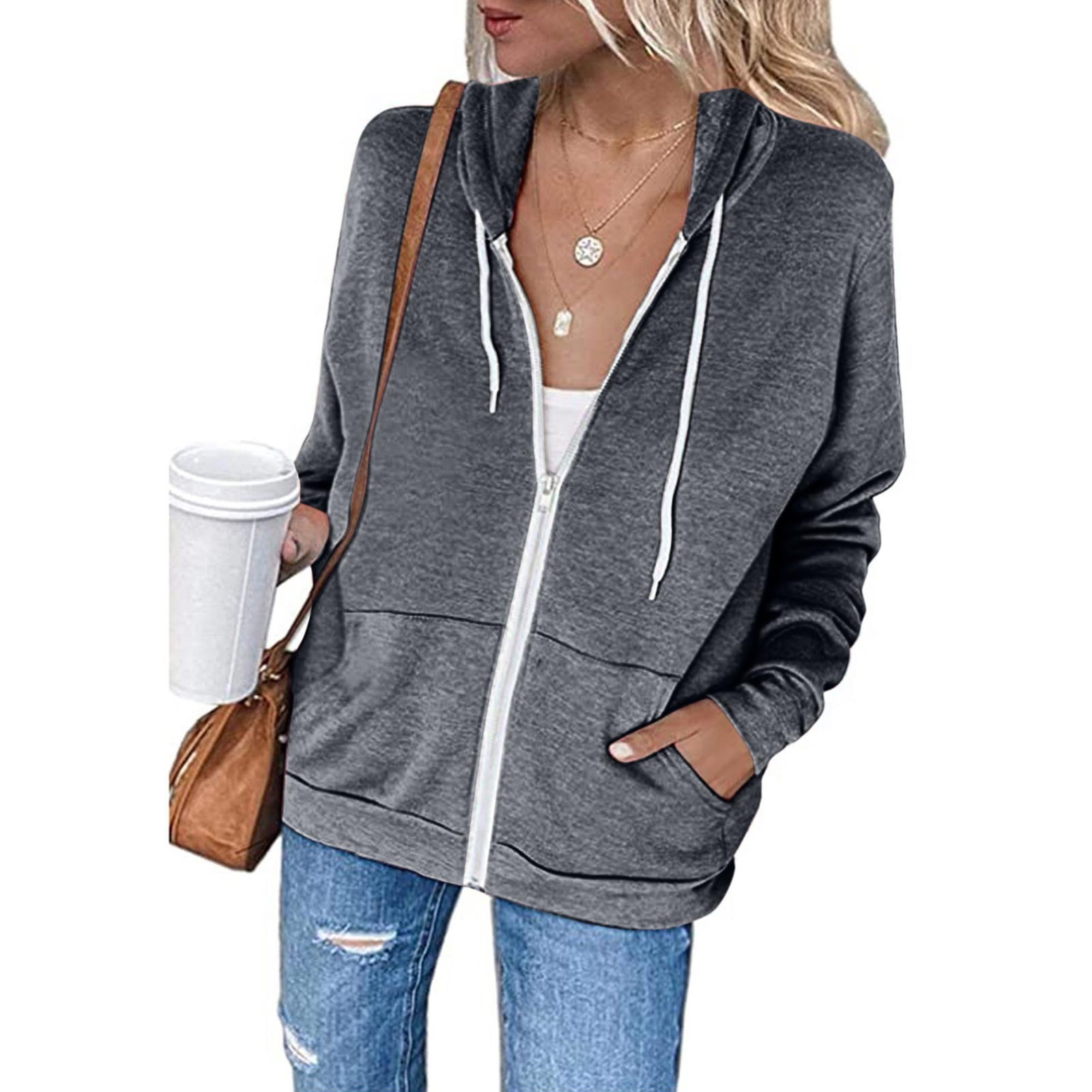 Moxiu Womens Long Sleeve Full Zip Up Hoodie Top Solid Color Basic ...