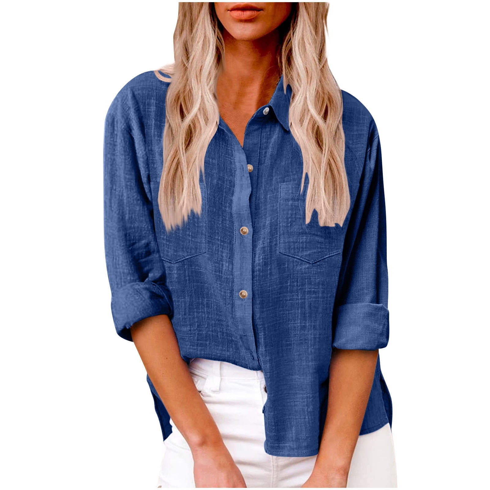 Moxiu Womens Long Sleeve Linen Shirt Summer Lapel Button Down Shirt ...