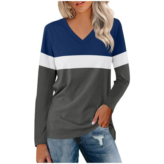Moxiu Womens Long Sleeve V Neck T Shirts Color Block Tunics Tops Soft Basic Tee Casual Round Neck Loose Shirts Spring Blouses 2025 Navy,S