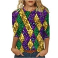 thumbnail image 1 of Moxiu Womens Mardi Gras Glitter Sequin Tee - 3/4 Sleeve Round Neck Color Block Holiday Festival Party Top Yellow,M, 1 of 5