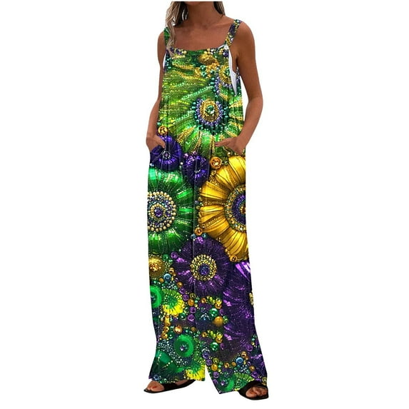 Moxiu Womens Mardi Gras Jumpsuit Sequin Printed Wide Leg Jumpsuit Overalls Dressy Adjustable Strappy Rompers with Pockets 2025 Multicolor,M