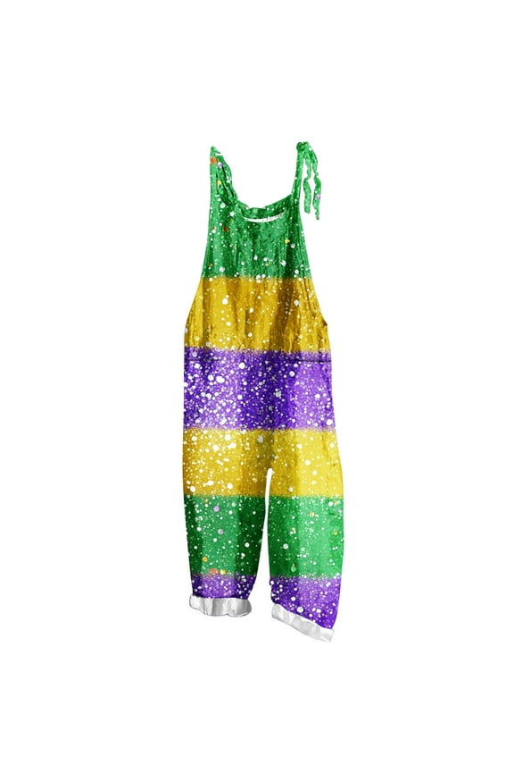 Womens Mardi Gras Jumpsuit Wide Leg Patchwork Sequin Graphic Overalls Plus Size Adjustable Strappy Loose Fit Rompers 2025 Multicolor,XXL