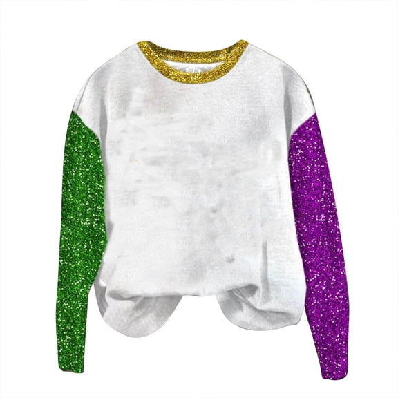 Moxiu Womens Mardi Gras Shirts for Women 2025 Casual Long Sleeve Pullover Graphic Crewneck Sweatshirts Funny Holiday Printed Party Tops Purple,S