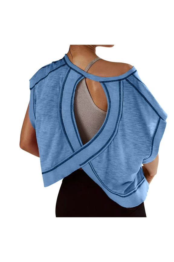 Womens Open Back Workout Tops Backless Short Sleeve Shirts Loose Gym Hollow Out Tee Crew Neck Yoga Tees Crop Top 2025 Blue,M