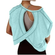 Moxiu Womens Open Back Workout Tops Backless Short Sleeve Shirts Loose Gym Hollow Out Tee Crew Neck Yoga Tees Crop Top 2026 Light Blue,XXL