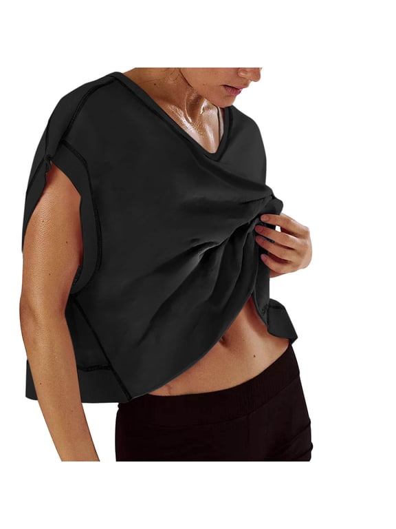 Womens Open Back Workout Tops Y2k Short Sleeve Slouchy Crop Yoga Gym Tees Black,L