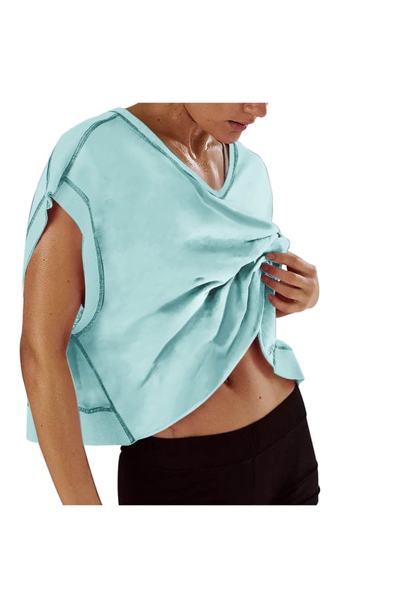 Womens Open Back Workout Tops Y2k Short Sleeve Slouchy Crop Yoga Gym Tees Light Blue,L