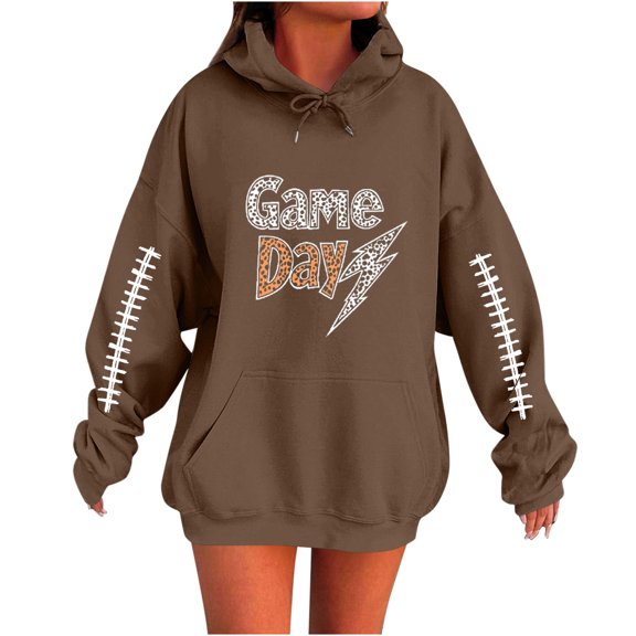 Moxiu Womens Oversize Hoodies Fleece Rugby Graphic Hoodie Y2K Pullover Sweater Game Day Hooded Sweatshirts with Pockets 2025 Brown,S