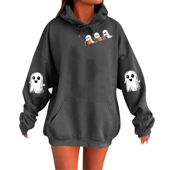 Moxiu Womens Oversized Graphic Hoodies Halloween Sweatshirts Fleece Hooded Pullover 2025 Ghost Print Festivel Sweater Hoodies Dark Gray,S