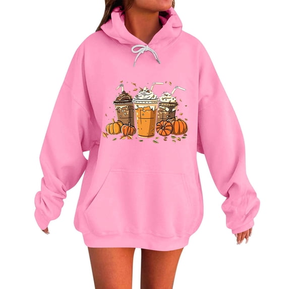 Moxiu Womens Oversized Halloween Hoodie Pumpkin Latte Graphic Drawstring Sweatshirt with Pocket Fall Long Sleeve Casual Pullover 2025 Pink,XXXXL