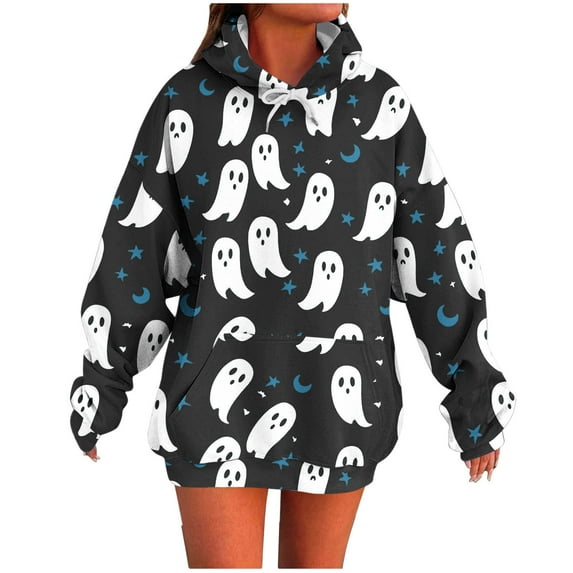 Moxiu Womens Oversized Halloween Sweatshirt Ghost Hoodies Long Sleeve Hooded Sweatshirt Spooky Season Pullover Tops Black,XL