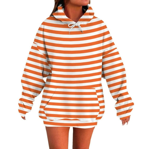 Moxiu Womens Oversized Hoodie Graphic Pullover Striped Print Hoodie Fall Winter Fleece Hooded Sweatshirts Tops with Pocket 2025 Orange,L