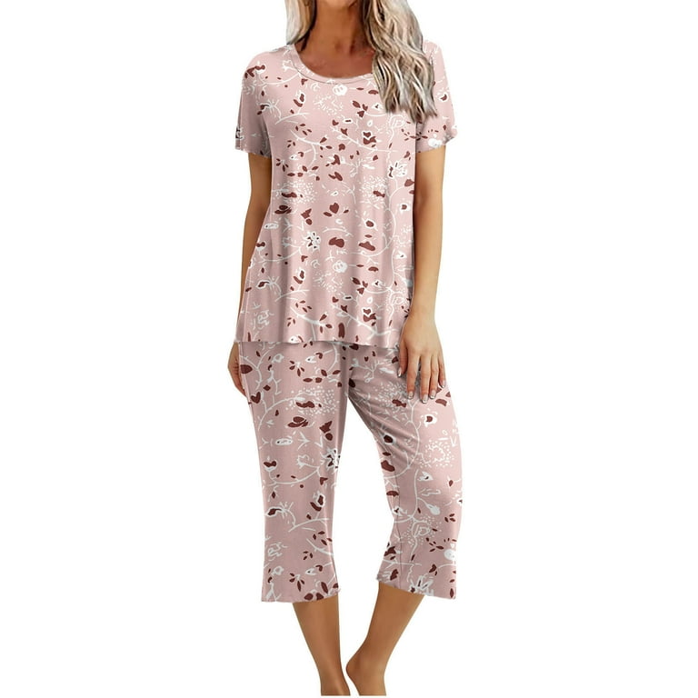 Moxiu Womens Pajama Sets Pants Capri Summer 2023 Women s Printing Short Sleeve Sleepwear Tops with Pockets Lounge Pants 2 Piece Pjs Sets Walmart