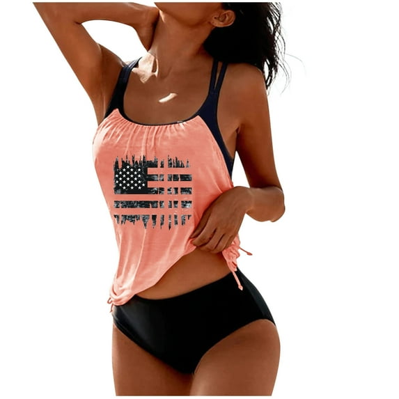 Moxiu Womens Patriotic Tankini Bathing Suits American Flag Graphic T-Back Top with Shorts Two Piece Swimwear Ruched Modest Swimsuits 2025 Pink,XXL