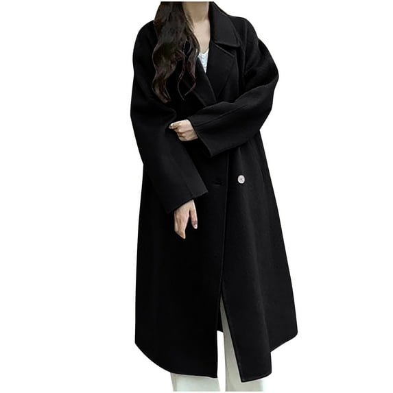 Moxiu Womens Pea Coat Long Woolen Trench Coat Dressy Oversized Notched Lapel Winter Long Wool Blend Pea Coats Black,M