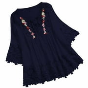 Moxiu Womens Peasant Boho Blouses Plus Size 3/4 Sleeve Mexican Embroidered Cotton Linen Lace Up Flowy Tops Navy,L