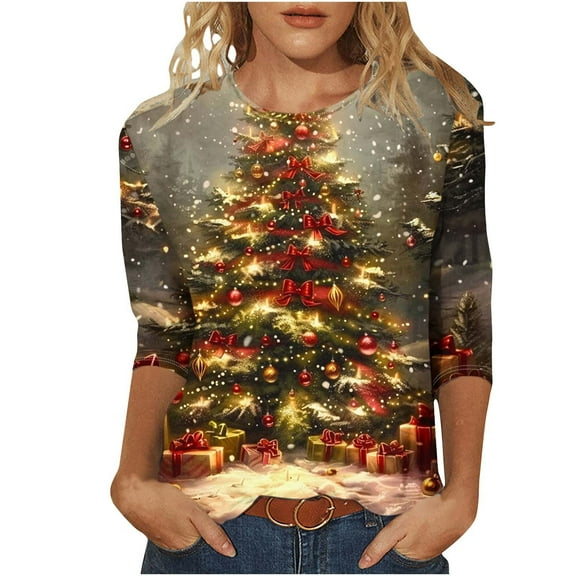 Moxiu Womens Plus Size Christmas Top Merry Christmas Shirt 3/4 Length Sleeve Womens Blouse Holiday Santa Claus Xmas Tree Graphic Printed Tshirts Tops 2024 Multicolor,XXXL