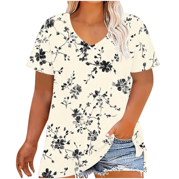 Moxiu Womens Plus Size Tunic Tops Short Sleeve V Neck Floral Shirts Spring Summer Curved Hem Loose Fit Casual T Shirt Top Beige,XXXXL