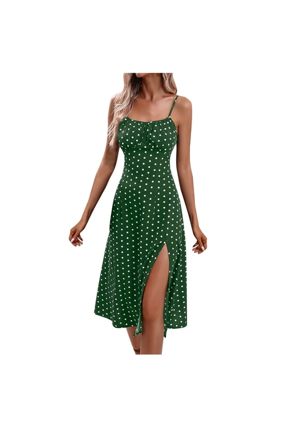 Womens Polka Dot High Split Midi Dresses Square Neck Spaghetti Strap Tie Halter Dress Summer Beach Y2k Sun Dresses 2025 Army Green,L