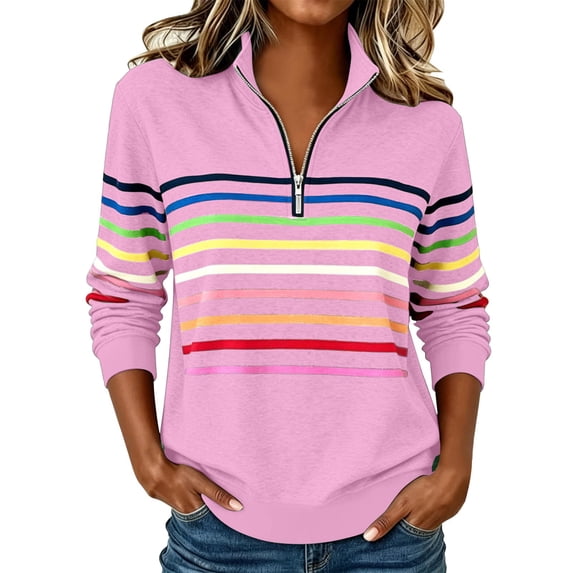 Moxiu Womens Rainbow Striped Sweatshirt Half Zipper Long Sleeve Pullover Tops Fall Winter Stand Collar Colorful Sweat Shirts Pink,L