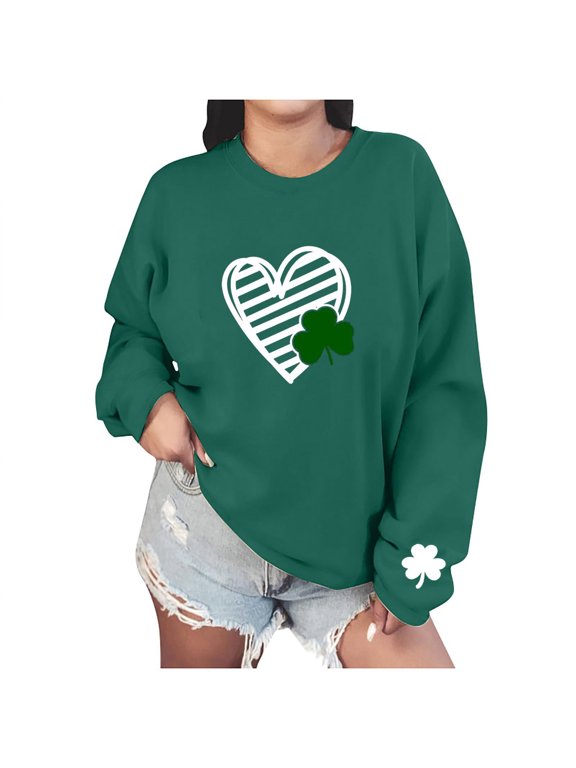 Womens Saint Patricks Day Sweatshirt Causal Heart Print Graphic Long Sleeve Oversized Blouse Tops Lucky Shamrock Crewneck Sweatshirts 2025 Green,S