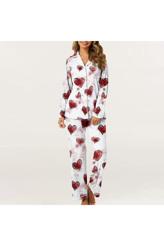 Womens Satin Valentine's Day Pajama Set Long Sleeve Love Heart Print Satin PJ Sets Button-Down Pajama Sleepwear Loungewear 2025 Multicolor,XXL