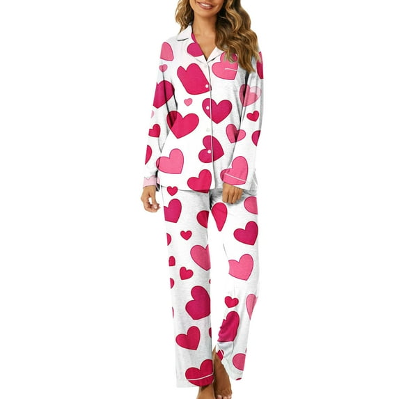 Moxiu Womens Satin Valentine's Day Pajamas Long Sleeve Love Heart Print Satin PJ Sets Button-Down Pajama Sleepwear Loungewear 2025 White,XXL