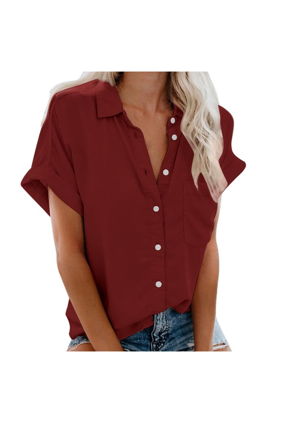 Womens Short Sleeve Shirts V Neck Collared Button Down Shirt Tops with Pockets Summer Dressy Casual Boyfriend Work Blouse 2025 Red,XL