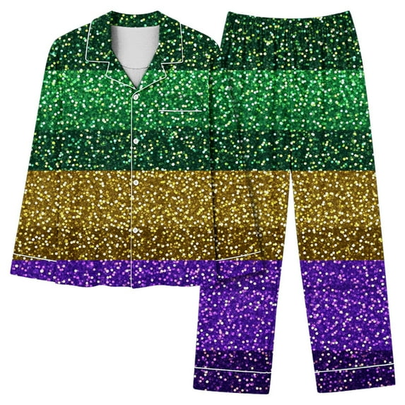 Moxiu Womens Silk Satin Pajamas Set Mardi Gras Womens Long Sleeve Button Down Shirts and Pant Set Sleepwear 2 Piece for Festivel Holiday 2025 Multicolor,XXXL
