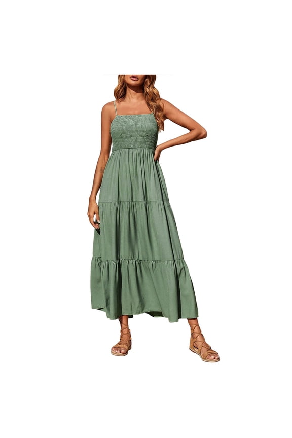 Womens Spaghetti Straps Maxi Dresses Tiered Boho Summer Vacation Sundress Long Beach Smocked Dress Plus Size Green,XXXXL