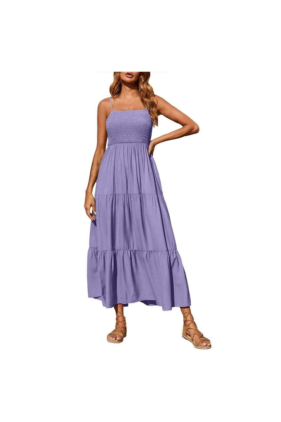Womens Spaghetti Straps Maxi Dresses Tiered Boho Summer Vacation Sundress Long Beach Smocked Dress Plus Size Purple,XXXXL