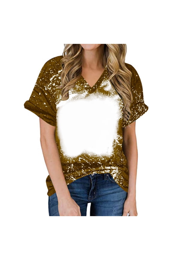 Womens Sublimation Ready Blank Bleached Shirts Polyester Casual Loose Short Sleeve Summer Graphic Tee Tops Brown,S
